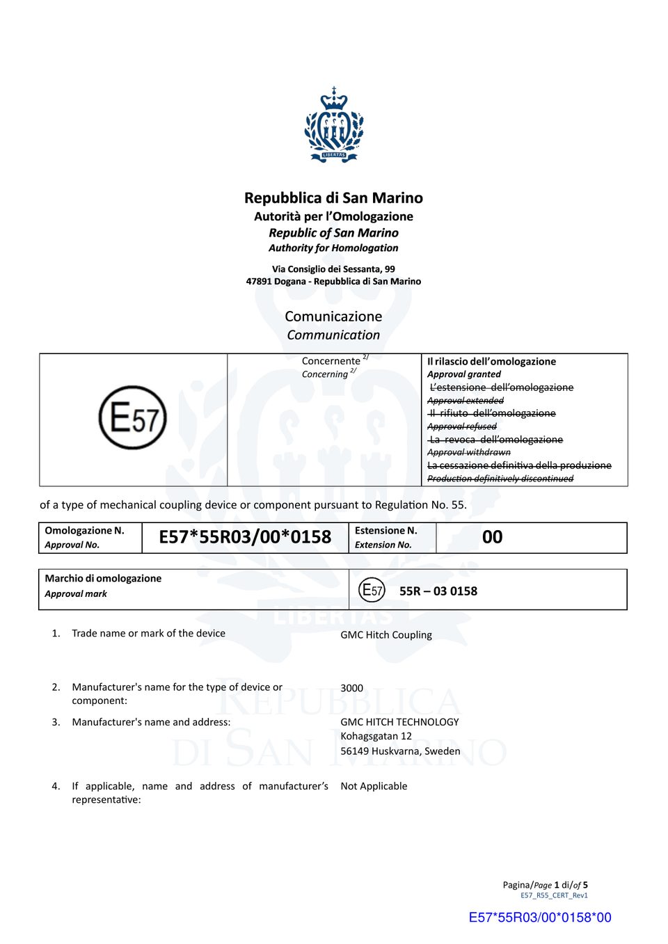Approval certificate of the Hitch Coupling GMC 3000, first page