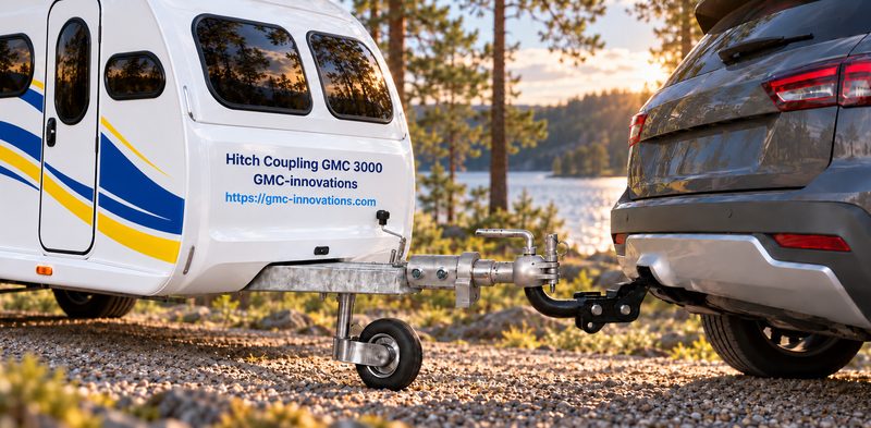 Caravan with the Hitch Coupling GMC 3000 coupled to the tow ball of an SUV by a lake