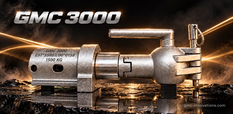 Hitch Coupling GMC 3000 in stainless steel on wet black rock against a dark background with golden light