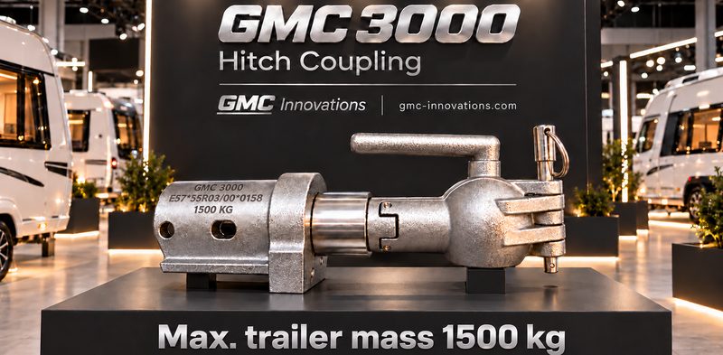 Hitch Coupling GMC 3000 on an exhibition stand between caravans, marked 1500 kg