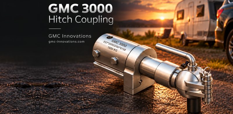 Stainless-steel Hitch Coupling GMC 3000 engraved with its approval number, with a caravan at sunset