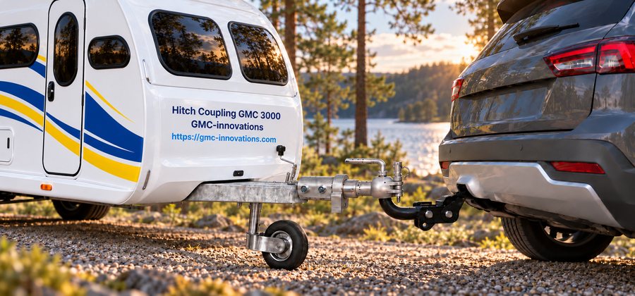 Hitch Coupling GMC 3000 on a touring caravan, coupled to the tow ball of an SUV